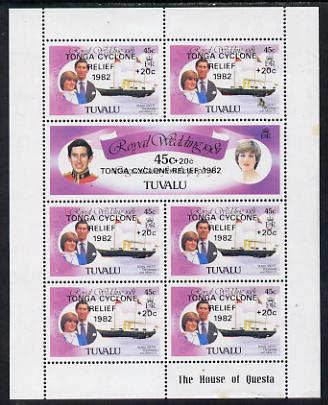 Tuvalu 1982 Royal Wedding sheetlet opt'd 'Tonga Cyclone Relief' unmounted mint, SG 187a, stamps on , stamps on  stamps on disasters, stamps on  stamps on environment, stamps on  stamps on royalty, stamps on  stamps on ships, stamps on  stamps on weather