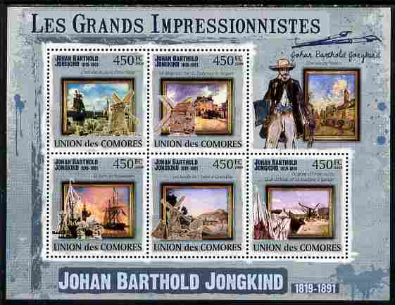 Comoro Islands 2009 The Impressionists - Johan Barthold Jongkind perf souvenir sheet unmounted mint, stamps on arts, stamps on windmills