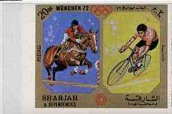 Sharjah 1972 Show Jumping & Cycling (20Dh) from Olympic Sports imperf set of 10 unmounted mint, Mi 945B, stamps on horses     bicycles