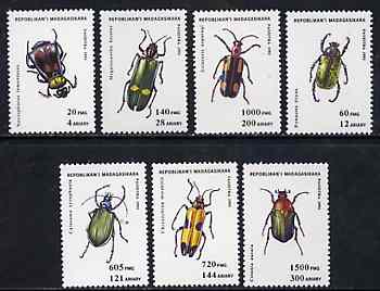 Madagascar 1993 Beetles unmounted mint set of 7, Mi 1656-62*, stamps on , stamps on  stamps on insects