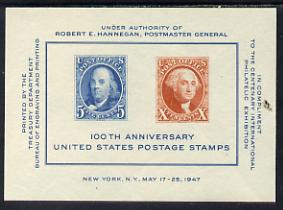 United States 1947 US Stamp Centenary m/sheet unmounted mint SG MS 945, stamps on , stamps on  stamps on constitutions, stamps on personalities, stamps on stamp on stamp, stamps on stamp centenary, stamps on  stamps on stamponstamp