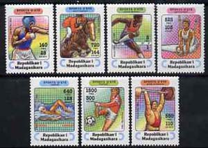 Madagascar 1994 Sports unmounted mint set of 7, Mi 1709-15*, stamps on , stamps on  stamps on sport, stamps on hurdles, stamps on boxing, stamps on gymnastics, stamps on weightlifting, stamps on swimming, stamps on footbal, stamps on show jumping, stamps on horses, stamps on  stamps on  gym , stamps on  stamps on gymnastics, stamps on  stamps on 