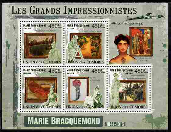 Comoro Islands 2009 The Impressionists - Marie Bracquemond perf sheetlet containing 5 values unmounted mint, stamps on , stamps on  stamps on arts