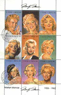 St Thomas & Prince Islands 1997 Marilyn Monroe sheetlet containing complete set of 9 values very fine cto used, stamps on , stamps on  stamps on entertainments     films     marilyn monroe      music