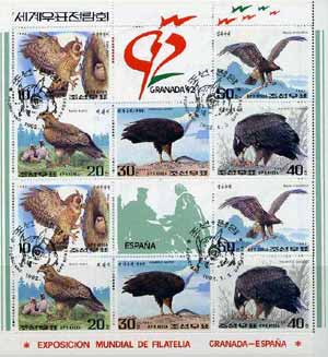 North Korea 1992 Birds of Prey sheetlet containing 2 x complete sets of 5 plus 2 labels for Granada '92 Stamp Exhibition very fine cto used, SG N3112-15, stamps on , stamps on  stamps on birds    birds of prey    eagle    owls    buzzard     stamp exhibitions