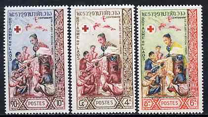 Laos 1963 Centenary of Red Cross complete set of 3 unmounted mint, SG 132-34*, stamps on red cross    medical     