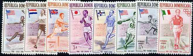 Dominican Republic 1957 Melbourne Olympic Games (1st Issue) Famous Athletes unmounted mint complete set of 8, SG 667-75*, stamps on , stamps on  stamps on olympics, stamps on  stamps on sport, stamps on  stamps on athletics, stamps on  stamps on flags, stamps on  stamps on long jump, stamps on  stamps on hurdles, stamps on  stamps on running, stamps on  stamps on discus