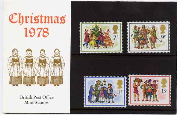 Great Britain 1978 Christmas set of 4 in official presentation pack SG 1071-74, stamps on , stamps on  stamps on christmas, stamps on music, stamps on dancing