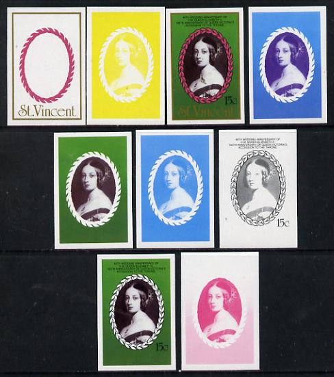 St Vincent 1987 Ruby Wedding 15c (young Queen Victoria) set of 9 imperf progressive proofs comprising 4 individual colours plus various composites (as SG 1079) unmounted mint, stamps on royalty      ruby