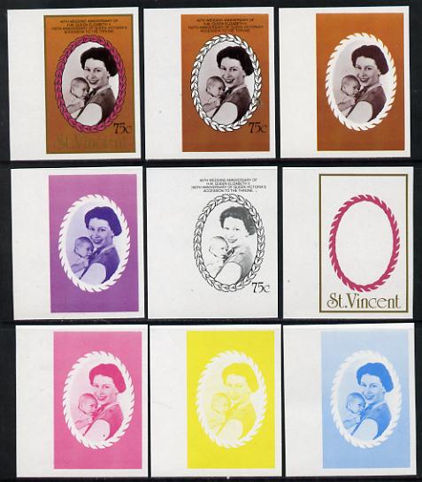 St Vincent 1987 Ruby Wedding 75c (Queen & Prince Andrew) set of 9 imperf progressive proofs comprising 4 individual colours plus various composites (as SG 1080) unmounted mint, stamps on royalty      ruby