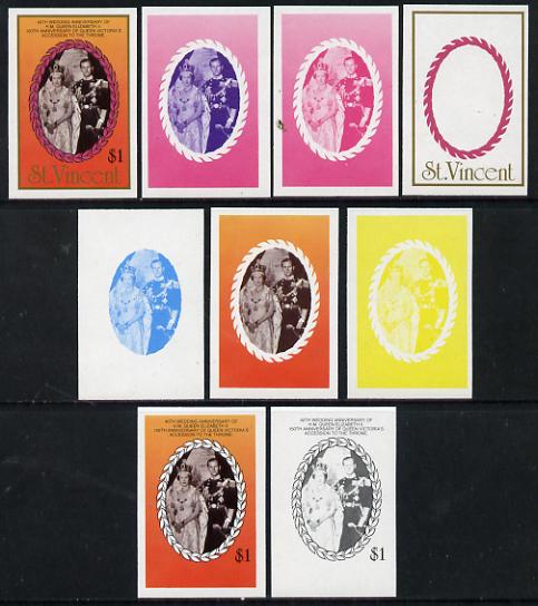 St Vincent 1987 Ruby Wedding $1 (Coronation) set of 9 imperf progressive proofs comprising 4 individual colours plus various composites (as SG 1081) unmounted mint, stamps on royalty      ruby