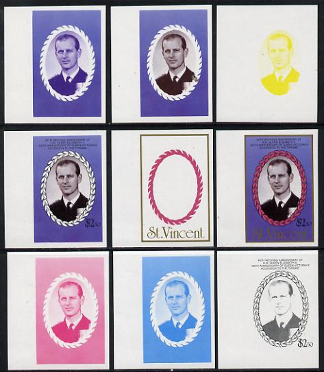 St Vincent 1987 Ruby Wedding $2.50 (Duke of Edinburgh) set of 9 imperf progressive proofs comprising 4 individual colours plus various composites (as SG 1082) unmounted mint, stamps on royalty      ruby