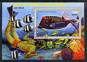 Equatorial Guinea 1975 Fish (Diver on Sea Bottom) 130ek perf m/sheet very fine cto used, stamps on , stamps on  stamps on fish    scuba-diving     shells     marine-life