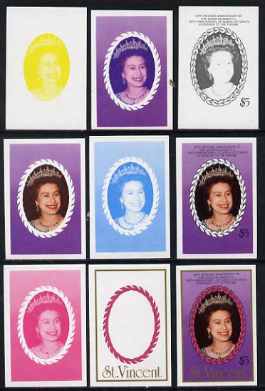 St Vincent 1987 Ruby Wedding $5 (The Queen) set of 9 imperf progressive proofs comprising 4 individual colours plus various composites (as SG 1083) unmounted mint, stamps on royalty, stamps on  ruby