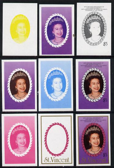 St Vincent 1987 Ruby Wedding $5 (The Queen) set of 9 imperf progressive proofs comprising 4 individual colours plus various composites (as SG 1083) unmounted mint, stamps on royalty      ruby