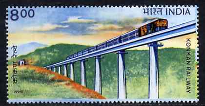 India 1998 Konkan Railway (Train on Bridge) unmounted mint SG 1786, stamps on railways    bridges    civil engineering