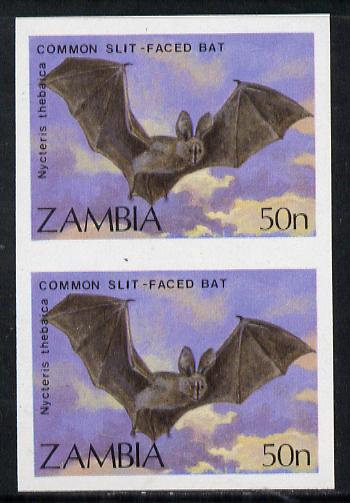 Zambia 1989 Slit-faced Bat 50n unmounted mint IMPERF pair (as SG 571), stamps on , stamps on  stamps on mammals, stamps on  stamps on animals, stamps on  stamps on bats