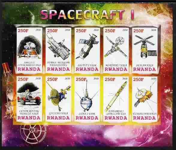 Rwanda 2010 Spacecraft #01 imperf sheetlet containing 10 values unmounted mint, stamps on space, stamps on rockets
