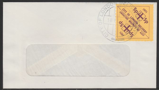 Cinderella - Great Britain 1971 Strike Post - window envelope bearing pair 5p triangular D4City of London DeliveryD5 yellow adhesives tied by COL date stamp for 18th February, stamps on , stamps on  stamps on cinderella, stamps on postal, stamps on strike, stamps on triangle