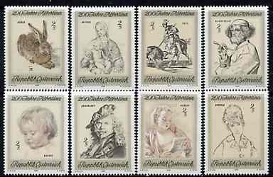 Austria 1969 Bicentenary of Albertina Art Collection unmounted mint set of 8, SG 1559-66, stamps on arts    durer     raphael      bruegel     rubens      rembrandt      hare    goya   