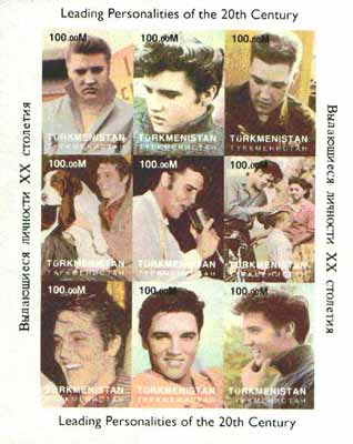 Turkmenistan 1998 Leading Personalities of the 20th Century (Elvis Presley) imperf sheetlet containing complete set of 9 values unmounted mint, stamps on , stamps on  stamps on personalities, stamps on  stamps on elvis, stamps on  stamps on music, stamps on  stamps on pops, stamps on  stamps on millennium, stamps on  stamps on films, stamps on  stamps on cinema, stamps on  stamps on movies