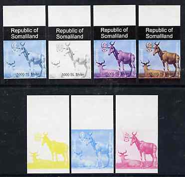 Somaliland 1997 Hartbeest 5,000 SL (from Animal def set) set of 7 imperf progressive proofs comprising the 4 individual colours plus 2, 3 and all 4-colour composites unmounted mint, stamps on , stamps on  stamps on animals      hartbeest