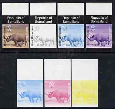 Somaliland 1997 Black Rhino 15,000 SL (from Animal def set) set of 7 imperf progressive proofs comprising the 4 individual colours plus 2, 3 and all 4-colour composites u..., stamps on animals      rhino