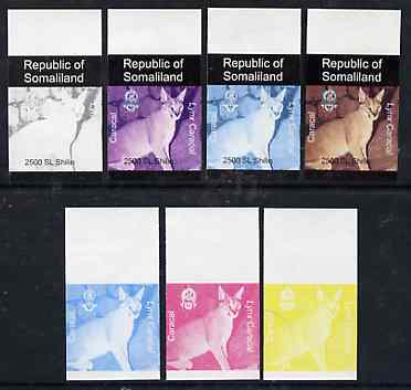 Somaliland 1997 Lynx Caracal 2,500 SL (from Animal def set) set of 7 imperf progressive proofs comprising the 4 individual colours plus 2, 3 and all 4-colour composites u..., stamps on animals      lynx     caracal