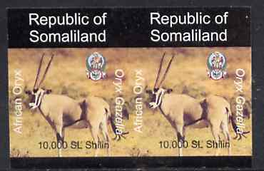 Somaliland 1997 Oryx 10,000 SL (from Animal def set) unmounted mint imperf pair, stamps on animals      oryx