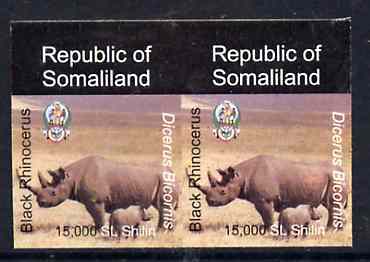 Somaliland 1997 Black Rhino 15,000 SL (from Animal def set) unmounted mint imperf pair, stamps on animals      rhino