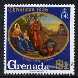 Grenada 1969 Christmas 1969 $1 value unmounted mint with silver (new date) misplaced obliquely appearing at the bottom of stamp instead of at top, stamps on arts  christmas