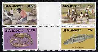 St Vincent 1986 Freshwater Fishing set of 4 in se-tenant gutter block of 4 from uncut archive sheet, folded on perfs but unmounted mint and very scarce, (SG 1045-48), stamps on , stamps on  stamps on fish     marine-life