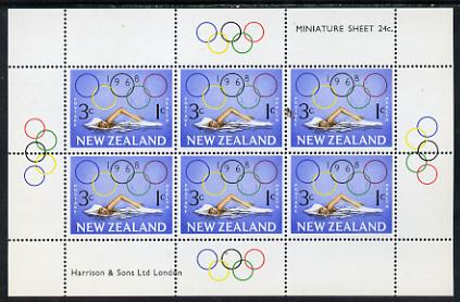 New Zealand 1968 Health - Swimming m/sheet unmounted mint (ex SG MS 889), stamps on sport  swimming