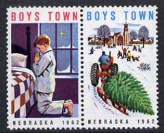 Cinderella - United States 1962 Boys Town, Nebraska fine mint set of 2 labels showing Tractor hauling Christmas Tree and Boy praying unmounted mint, stamps on , stamps on  stamps on churches       cinderellas    religion     tractors