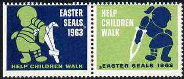 Cinderella - United States 1963 Crippled Children Easter Seals, fine mint set of 2 labels showing Children on Crutches unmounted mint, stamps on , stamps on  stamps on disabled       cinderellas     easter