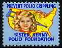 Cinderella - United States Sister Kenny Foundation fine mint label showing crippled girl Map of USA inscribed 'Prevent Polio Crippling'*, stamps on cinderellas        disabled    diseases
