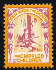 Cinderella - United States Crippled Children fine mint label showing crippled child at door inscribed Open Wide the Door (text without shading)*, stamps on disabled     cinderellas