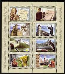 Rumania 2009 European Treasures perf sheetlet containing 8 values unmounted mint, stamps on tourism, stamps on music, stamps on castles, stamps on birds, stamps on wine, stamps on pottery