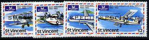 St Vincent 1982 50th Anniversary of Airmail Services unmounted mint set of 4 optd SPECIMEN, as SG 7-2-05, stamps on aviation, stamps on  dh , stamps on britten norman, stamps on grumman, stamps on hawker siddeley