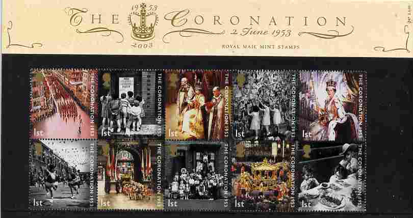 Great Britain 2003 50th Anniversary of Coronation perf set of 10 in official presentation pack SG 2368-75, stamps on royalty, stamps on coronation, stamps on 