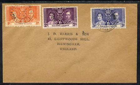 Sierra Leone 1937 KG6 Coronation set of 3 on cover with first day cancel addressed to the forger, J D Harris.  Harris was imprisoned for 9 months after Robson Lowe exposed him for applying forged first day cancels to Coronation covers (details supplied). , stamps on , stamps on  stamps on , stamps on  stamps on  kg6 , stamps on  stamps on forgery, stamps on  stamps on forger, stamps on  stamps on forgeries, stamps on  stamps on coronation