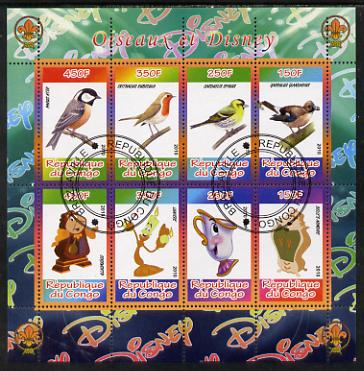 Congo 2010 Disney & Birds perf sheetlet containing 8 values with Scout Logo fine cto used, stamps on disney, stamps on films, stamps on cinema, stamps on movies, stamps on cartoons, stamps on scouts, stamps on birds