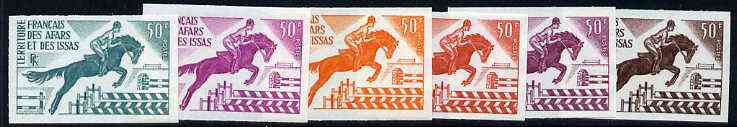 French Afars & Issas 1970 Show Jumping 50f unmounted mint IMPERF colour trial proof (several colour combinations available but price is for ONE) as SG 551, stamps on horses