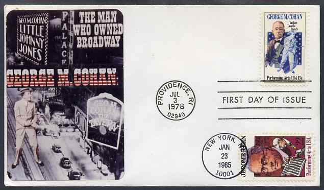 United States 1978-85 Double Franked illustrated cover for George M Cohan (The Man who owned Broadway) and Jerome Kern both with appropriate cancels, stamps on personalities, stamps on music, stamps on 