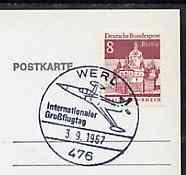 Postmark - West Berlin 1967 postcard bearing 8pfg stamp with special cancellation for International Aviation Congress illustrated with US Starfighter aircraft, stamps on aviation      americana