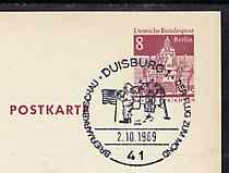 Postmark - West Berlin 1969 8pfg postal stationery card with special Duisburg cancellation for the Moon Flight illustrated with Astronauts with Flag in front of Moon landing vehicle, stamps on space       americana      flags