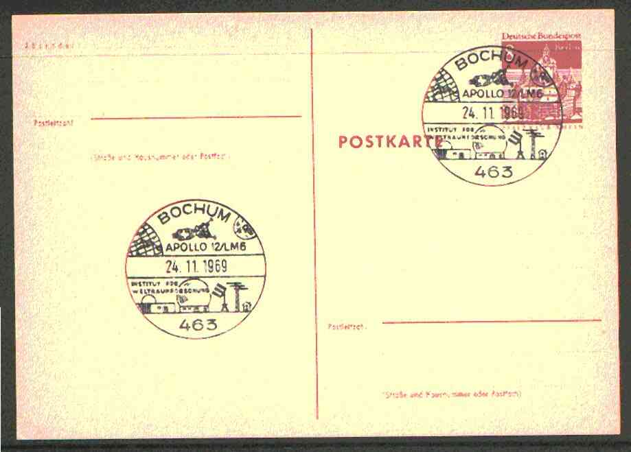 Postmark - West Berlin 1969 8pfg postal stationery card with special Bochum cancellation for Apollo 12 flight  illustrated with Lunar Module and view of Space Research In..., stamps on space       americana      science