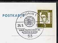 Postmark - West Berlin 1967 postcard bearing 5pfg stamp with special cancellation for Meeting of Friends of the German Philatelic Society illustrated with Brandenburg Gate & Statue of Liberty, stamps on , stamps on  stamps on postal       americana     