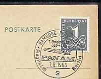 Postmark - West Germany 1966 postcard bearing 1pfg stamp with special cancellation for the First Boeing 727 Pan-Am Flight between Hamburg and West Berlin illustrated with 727 aircraft, stamps on , stamps on  stamps on aviation       americana     boeing, stamps on 727