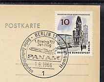 Postmark - West Berlin 1966 postcard bearing 10pfg stamp with special cancellation for the First Boeing 727 Pan-Am Flight between West Berlin and Hamburg illustrated with 727 aircraft, stamps on , stamps on  stamps on aviation       americana      boeing, stamps on 727